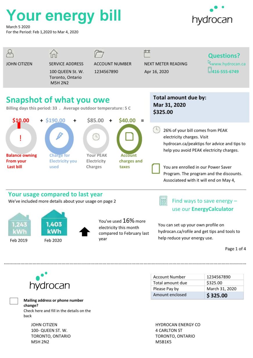 USA Ontario Hydrocan electricity utility bill template