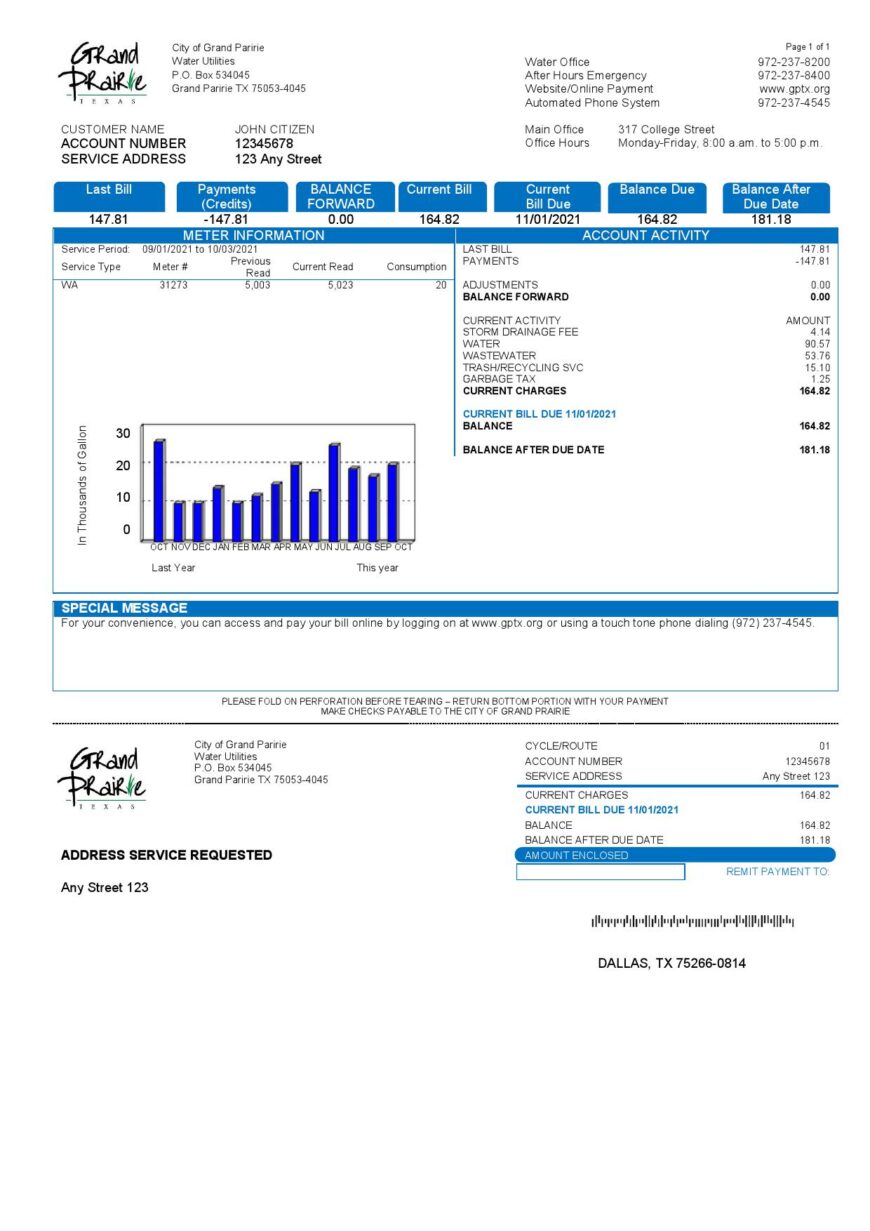 USA Texas Grand Prairie utility bill template