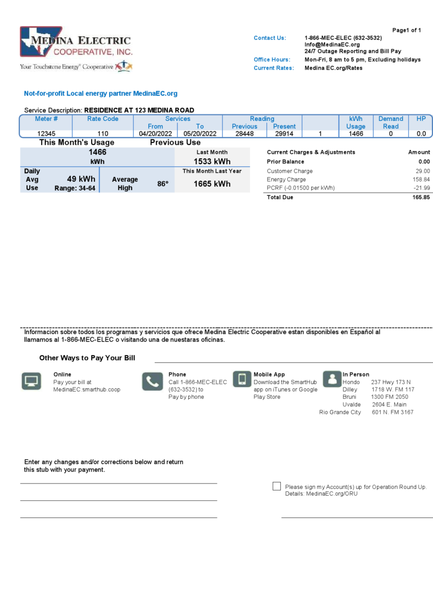 USA Texas Medina Electric utility bill template