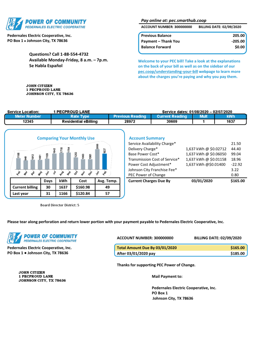 USA Texas Power of Community electricity utility bill Template