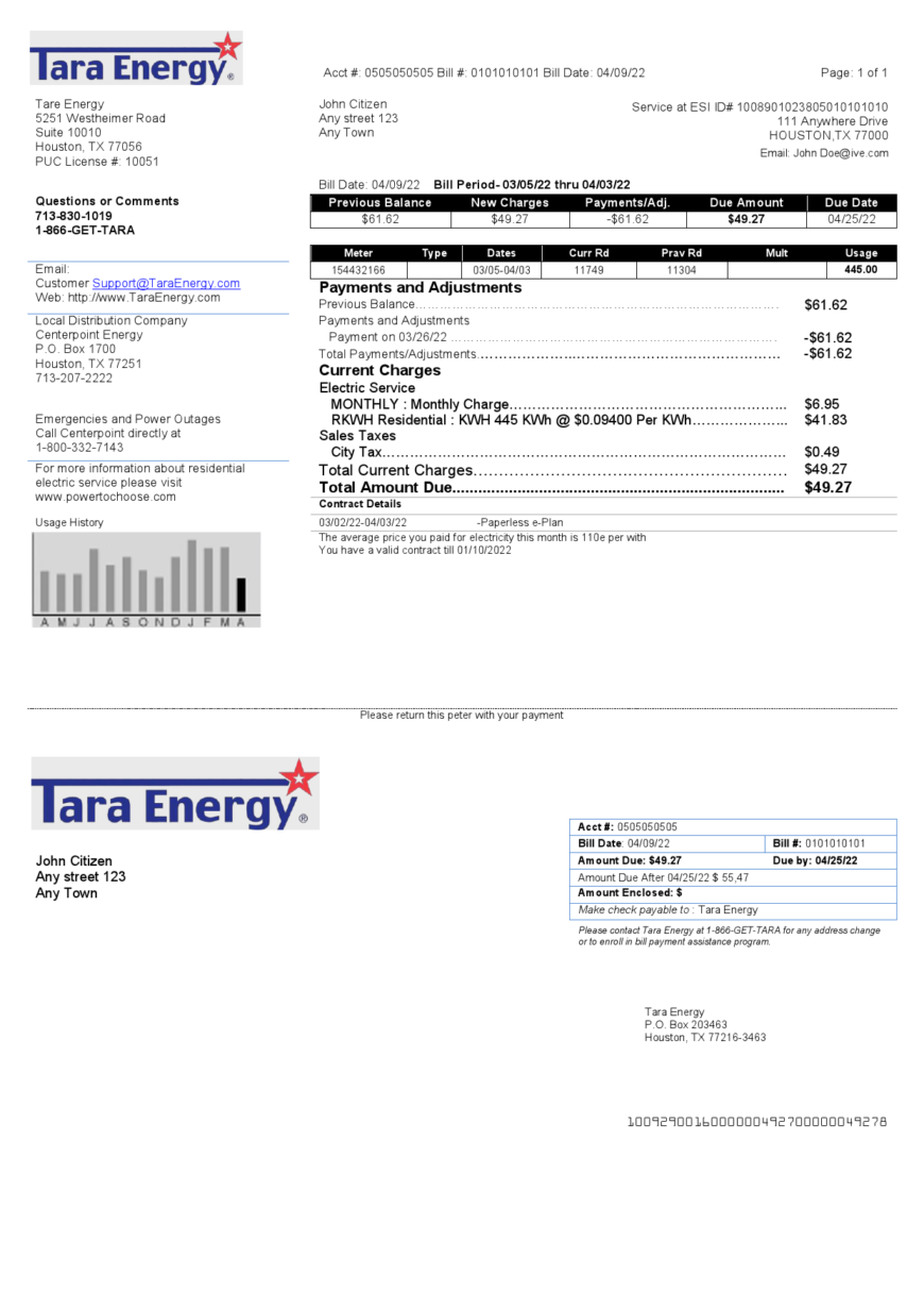 USA Texas Tara Energy utility bill template