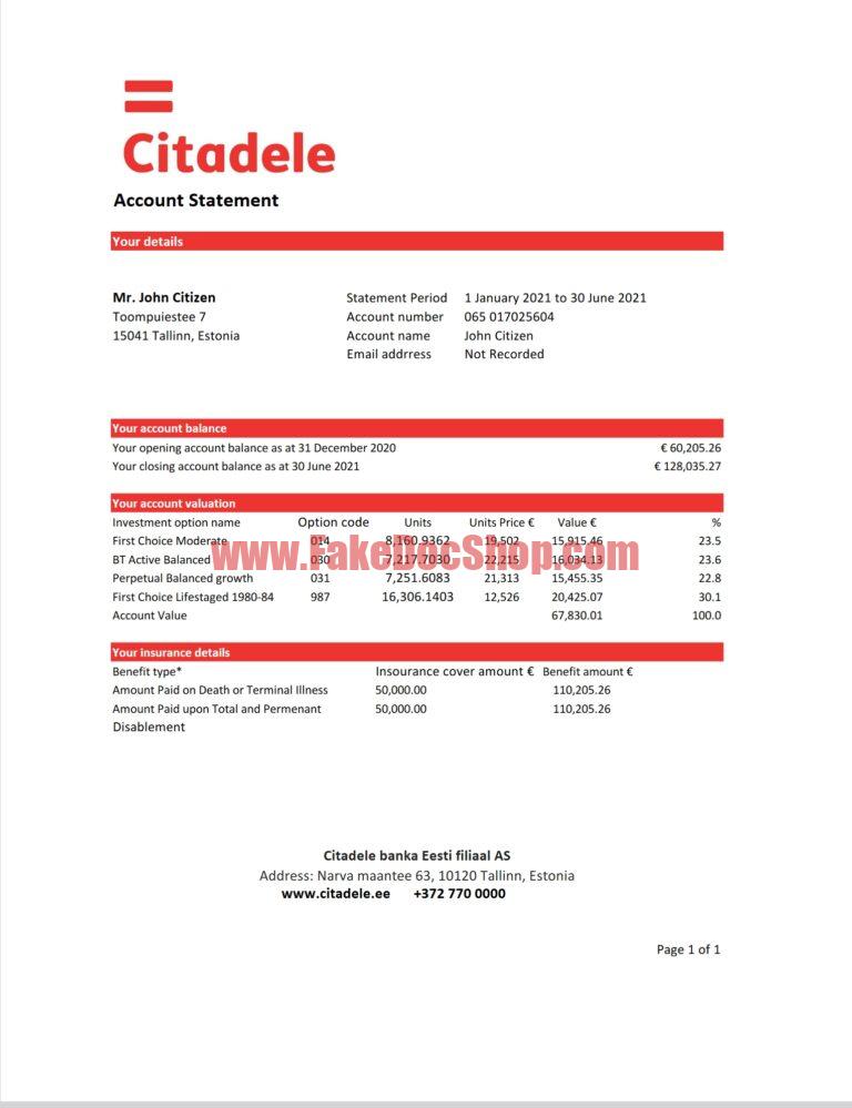 Estonia Citadele banka Eesti filial AS bank statement Excel and PDF template