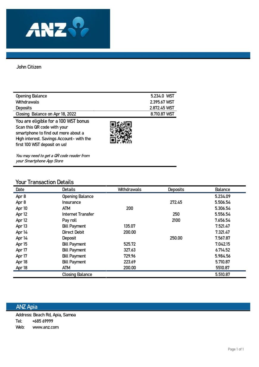 Samoa ANZ Bank Statement Template