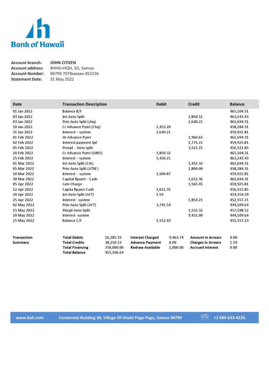 Samoa Bank of Hawaii Bank Statement Template