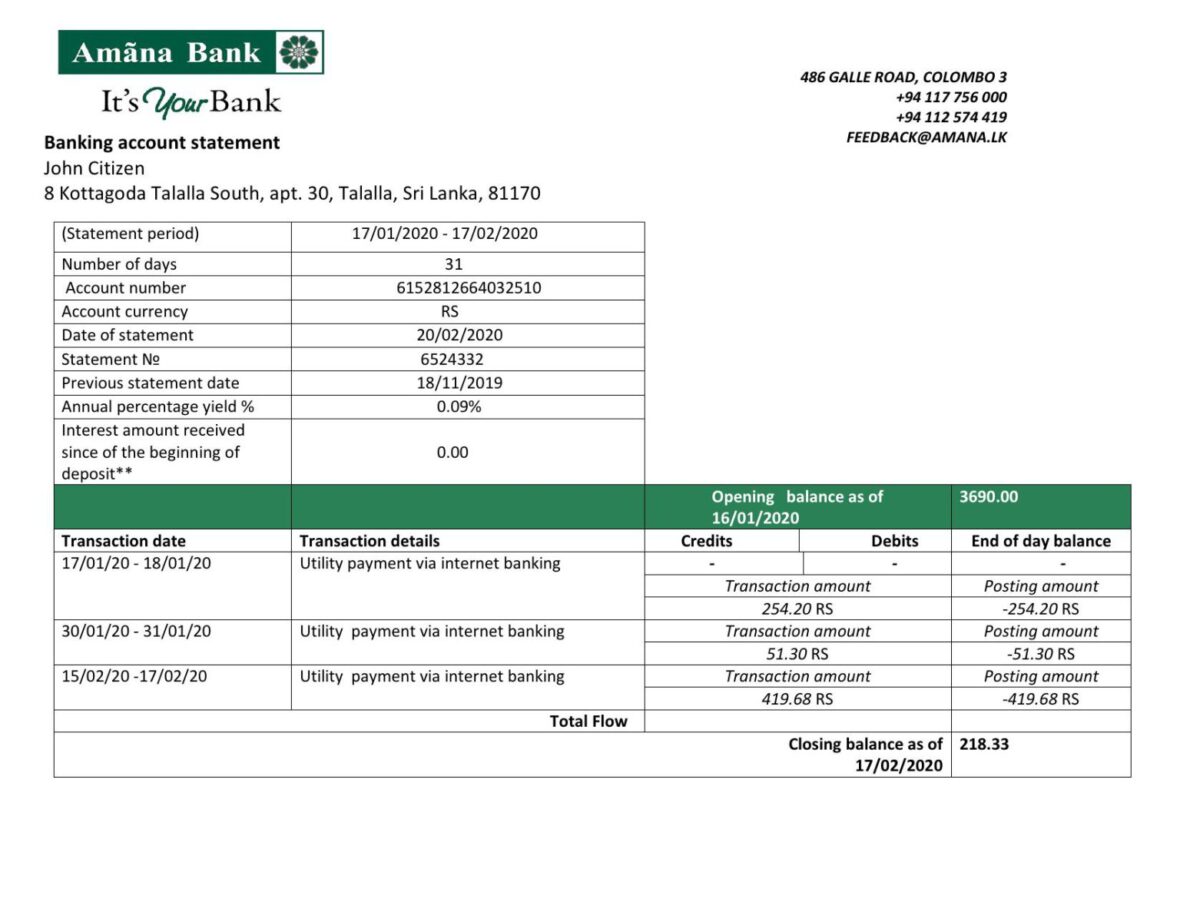 Sri Lanka Amana Bank Statement Template