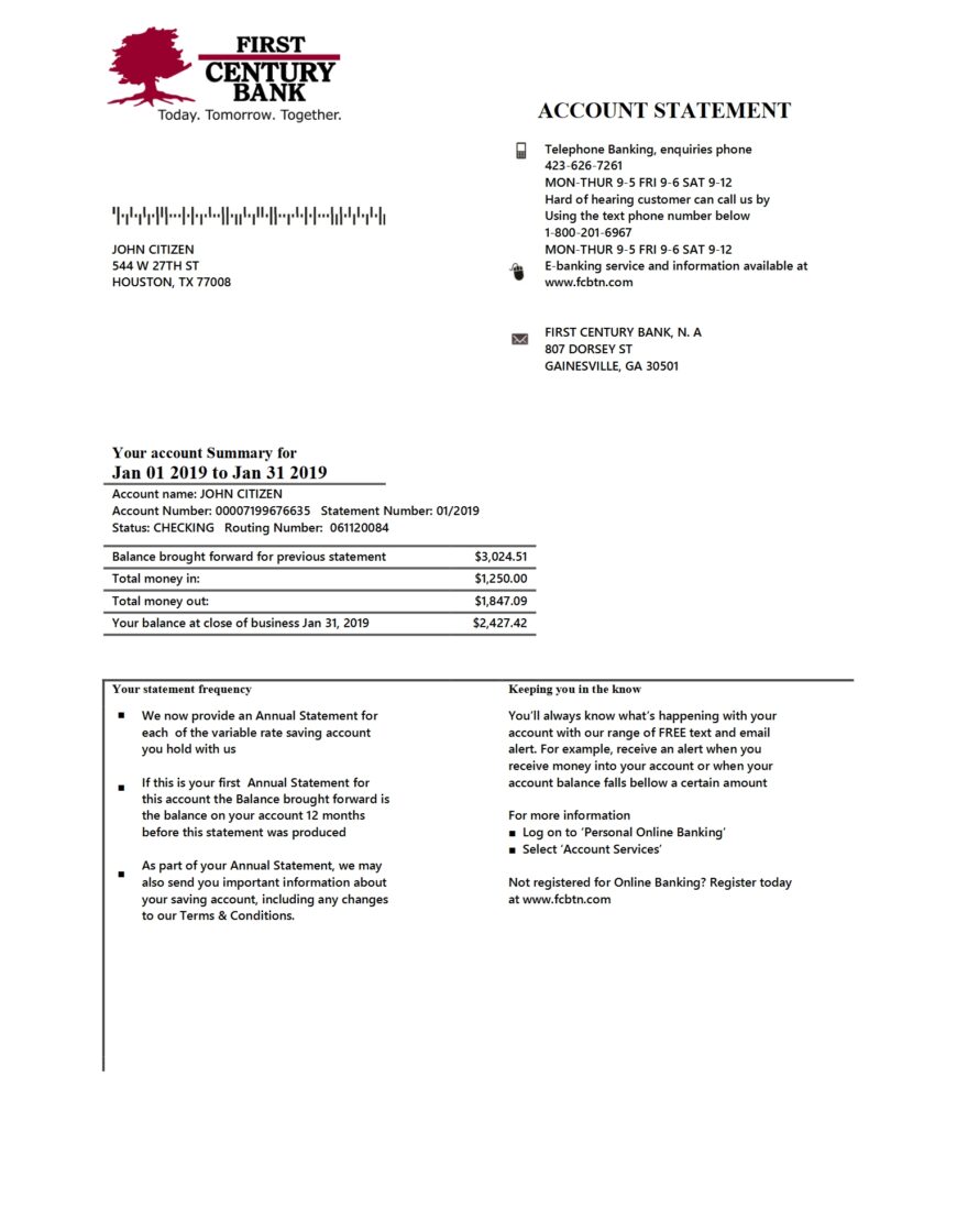 USA Georgia Gainesville First Century Bank Statement Template