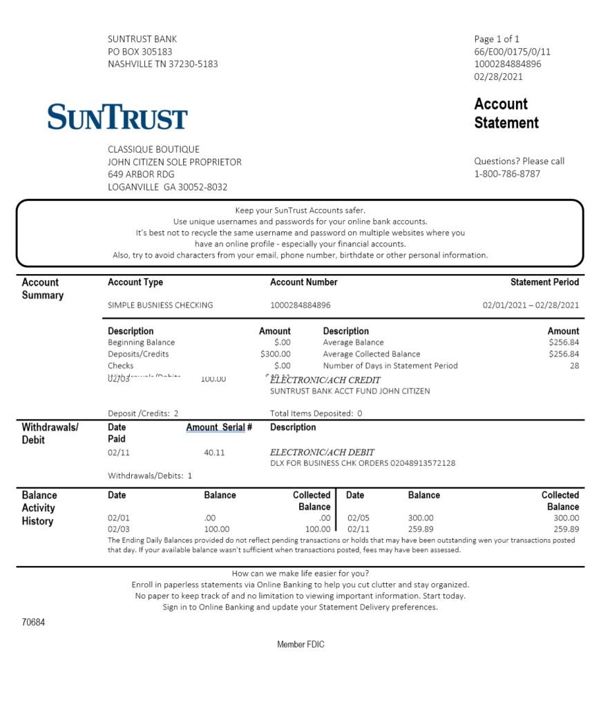 USA Georgia SunTrust Bank Statement Template