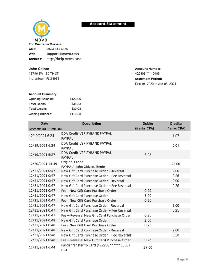 USA MOVO Bank Statement Excel And PDF Template