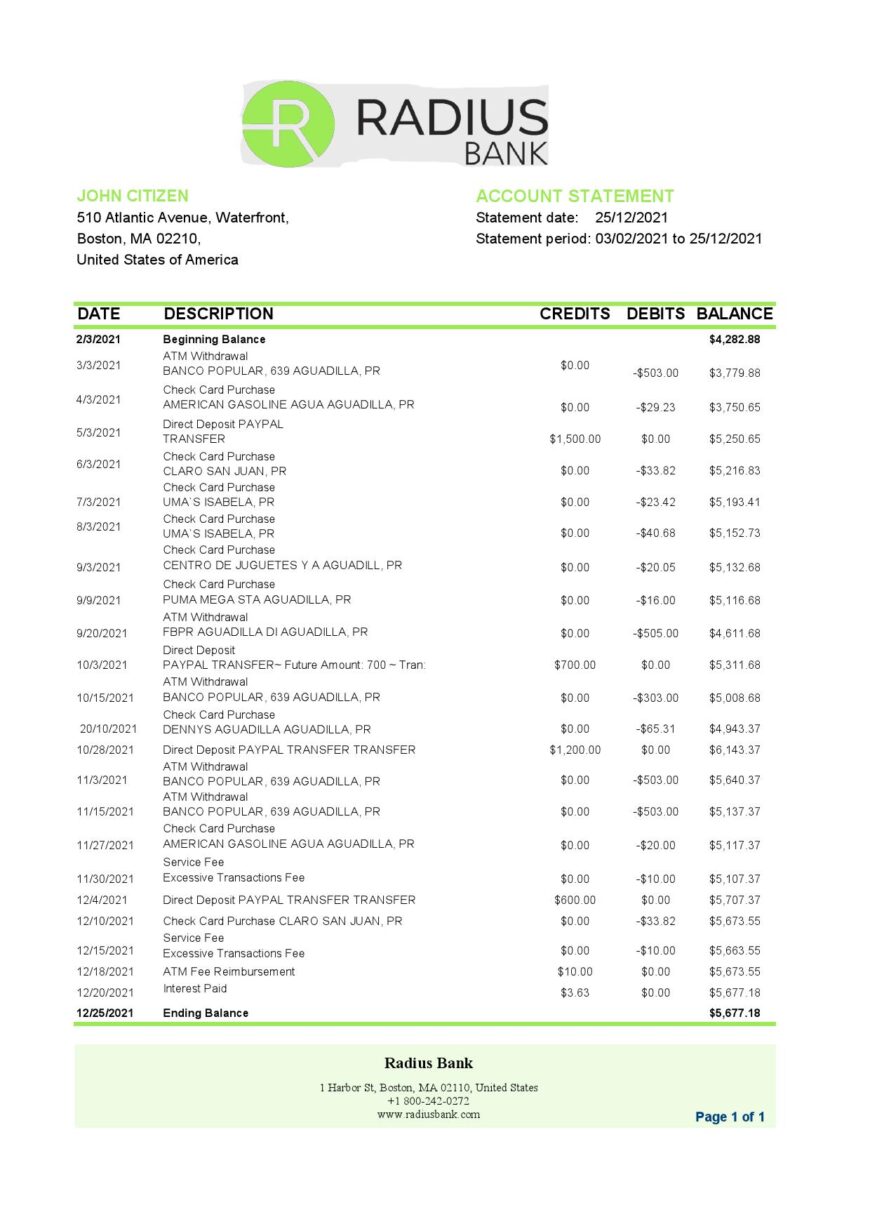 USA Massachusetts Radius Bank Statement Excel and PDF Template