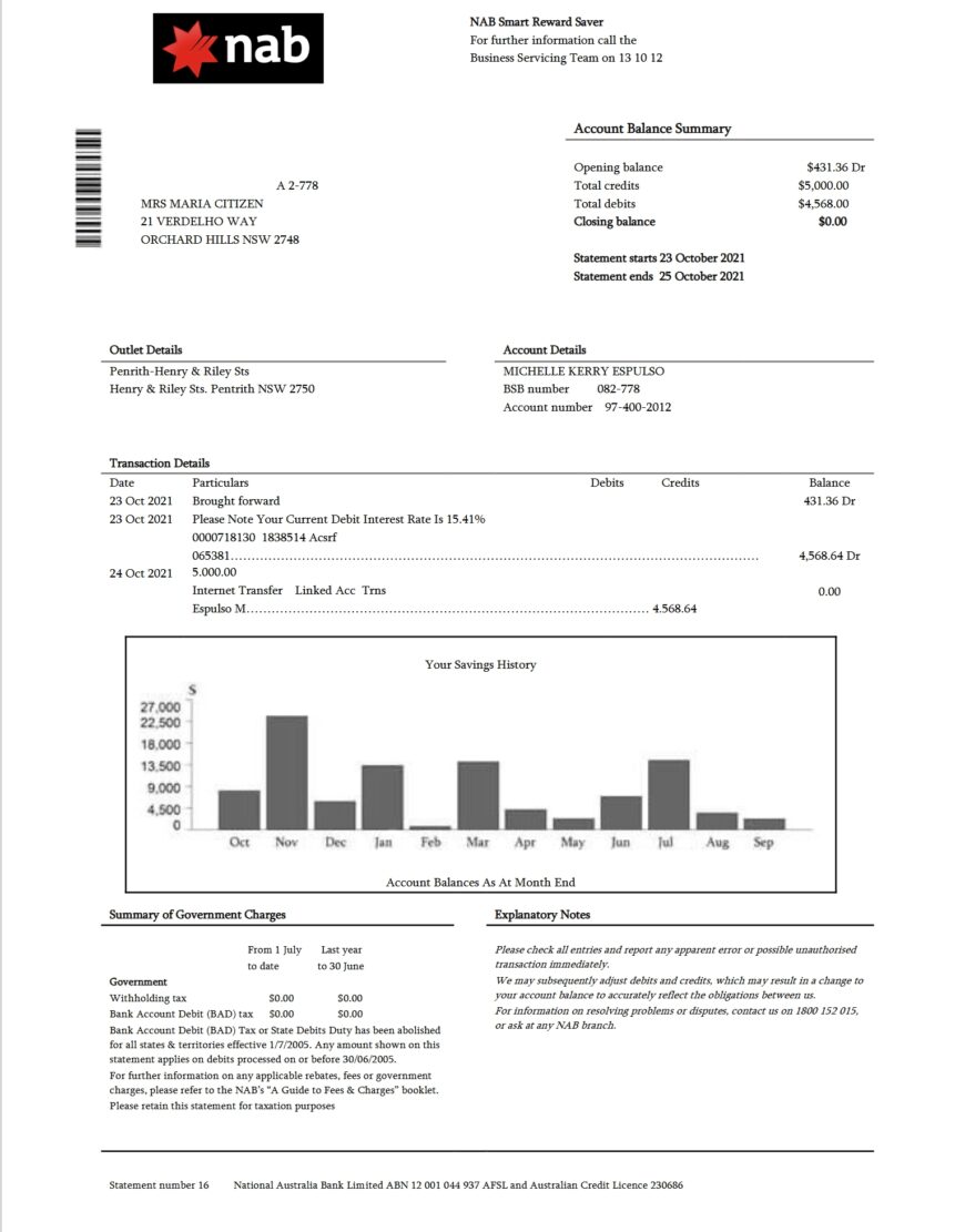 USA NAB Bank Statement Template