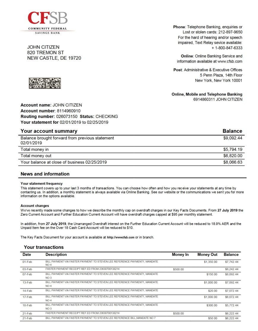 USA New York CFSB Bank Statement Templates