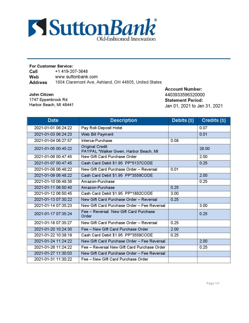USA Ohio Sutton Bank Statement Template