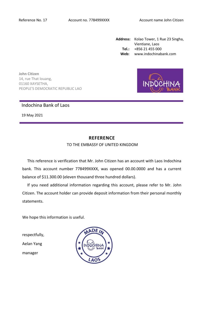 Laos Indochina Bank Reference Letter Template