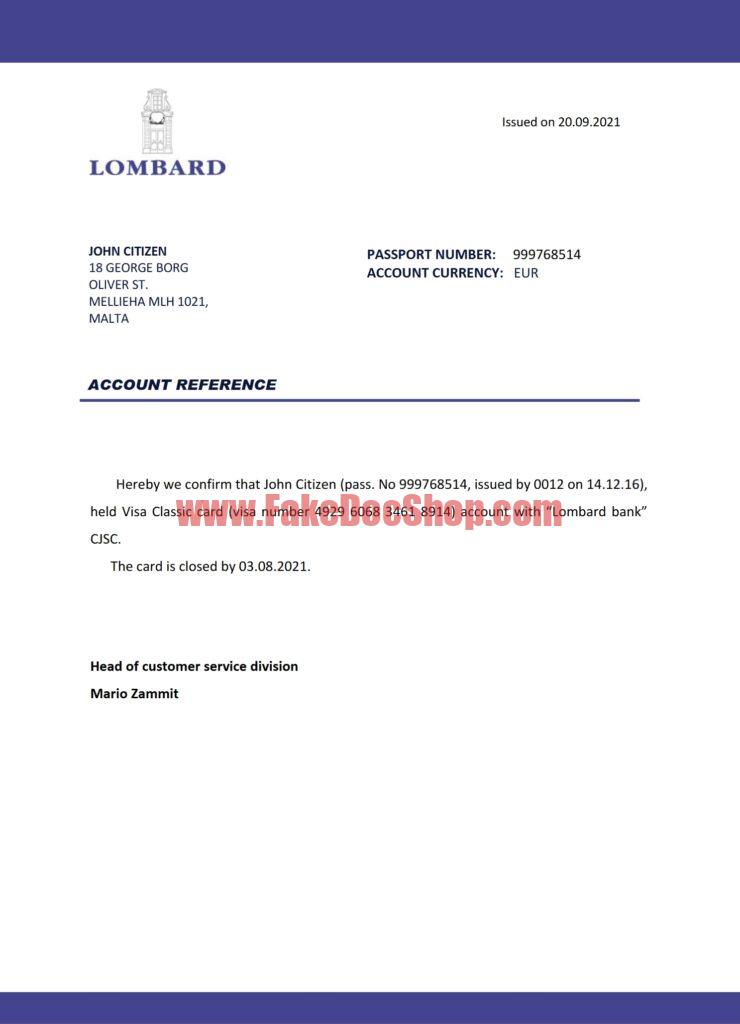Malta Lombard Bank Reference Letter Template
