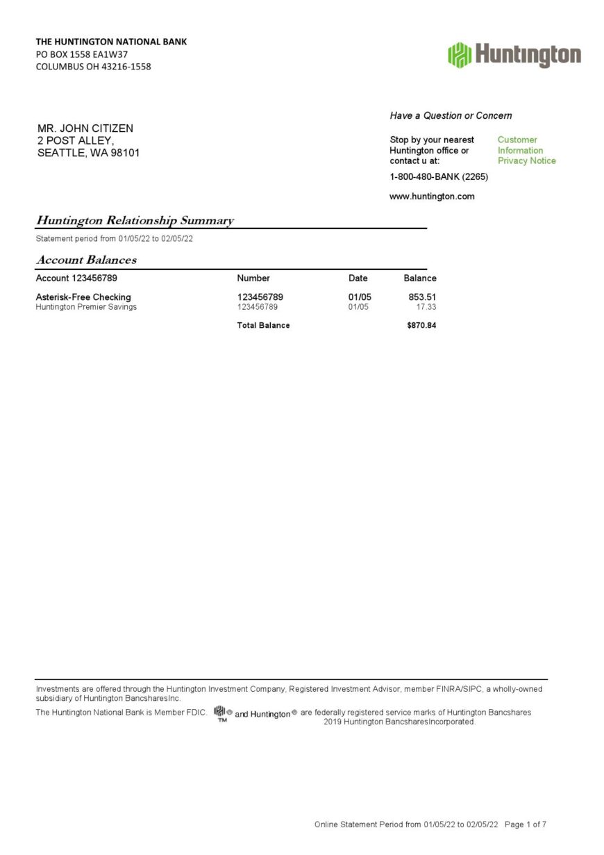 USA Ohio Huntington Bank Statement Template