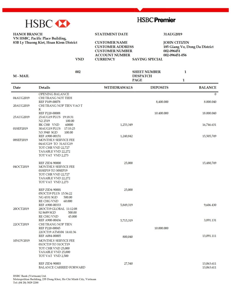 Vietnam HSBC Bank Statement Template