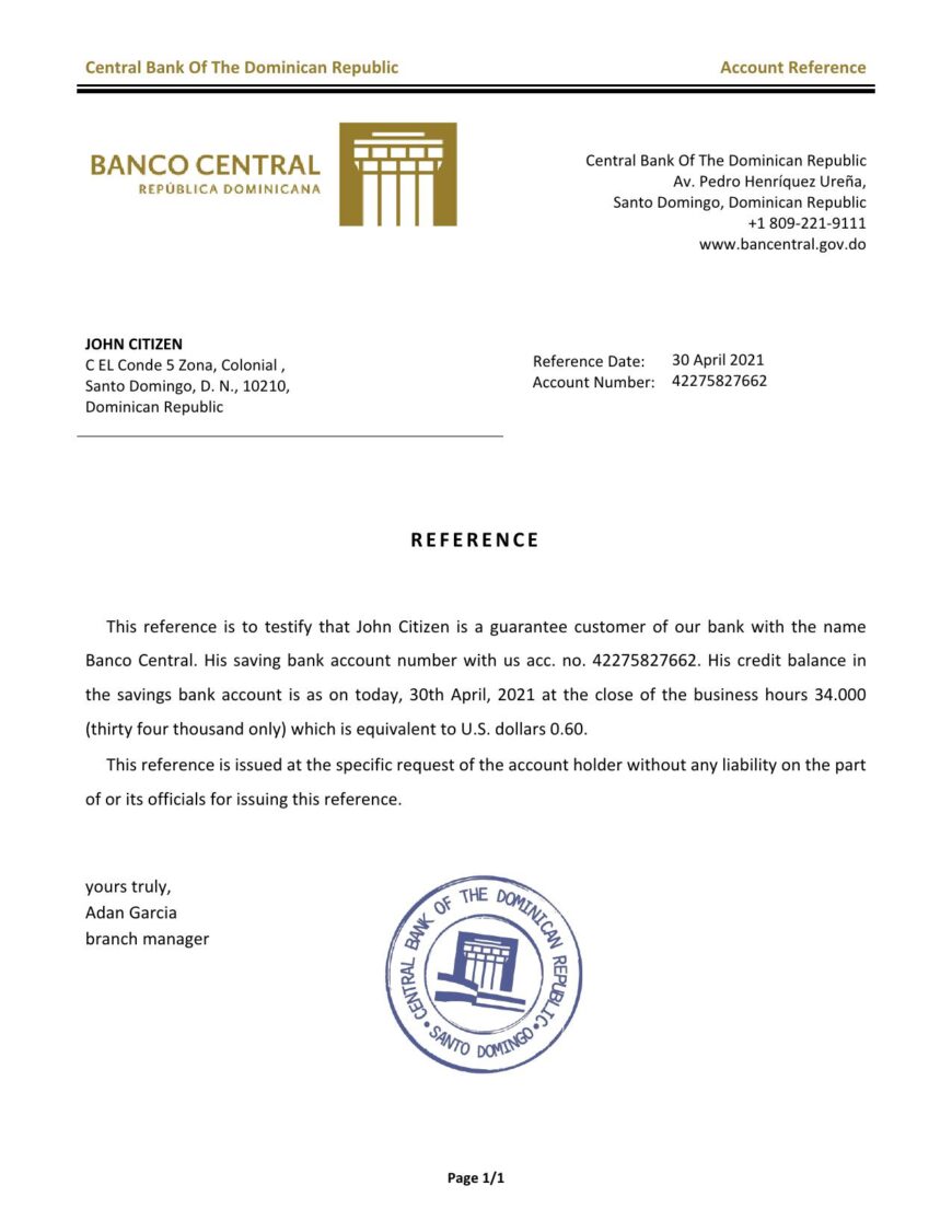 Dominica Central Bank Of The Dominican Republic Bank Reference Letter Template