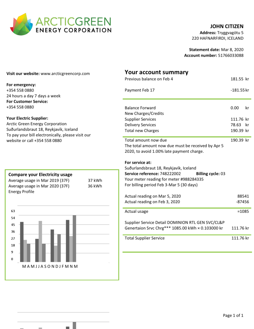 Iceland Arctic Green Energy Corporation Electricity Utility Bill Word and PDF Template