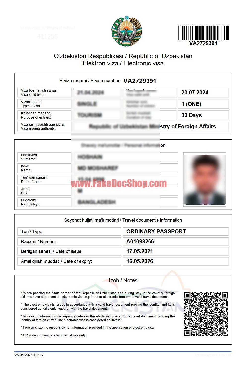 Republic Of Uzbekistan E-visa Template In Word AND PDF Format