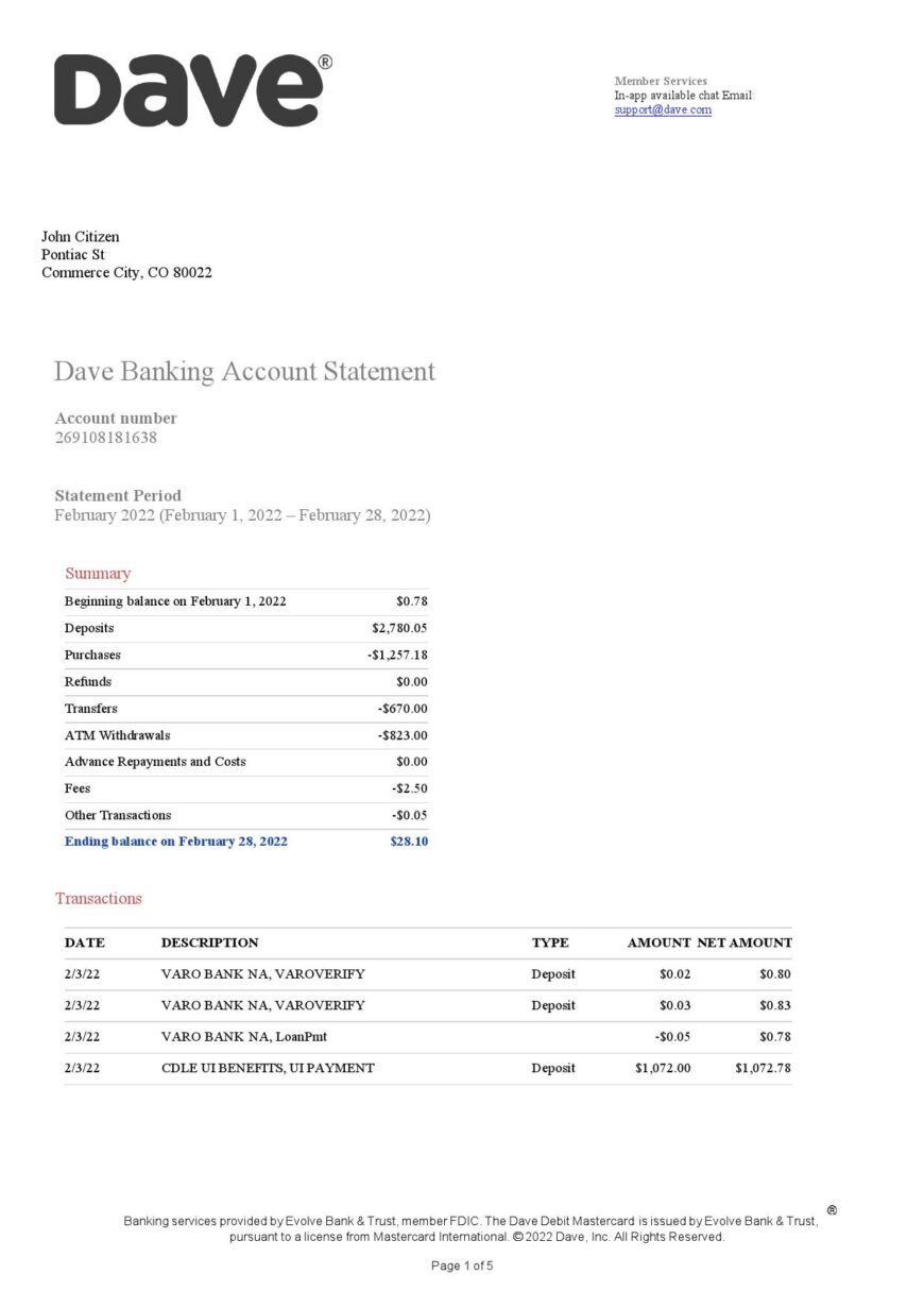 USA Dave Bank Account Statement Word And PDF Template 5 pages