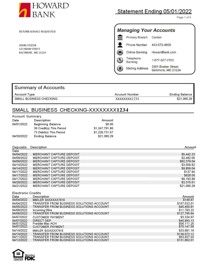 USA Howard Bank Statement Word And PDF Template 4 pages