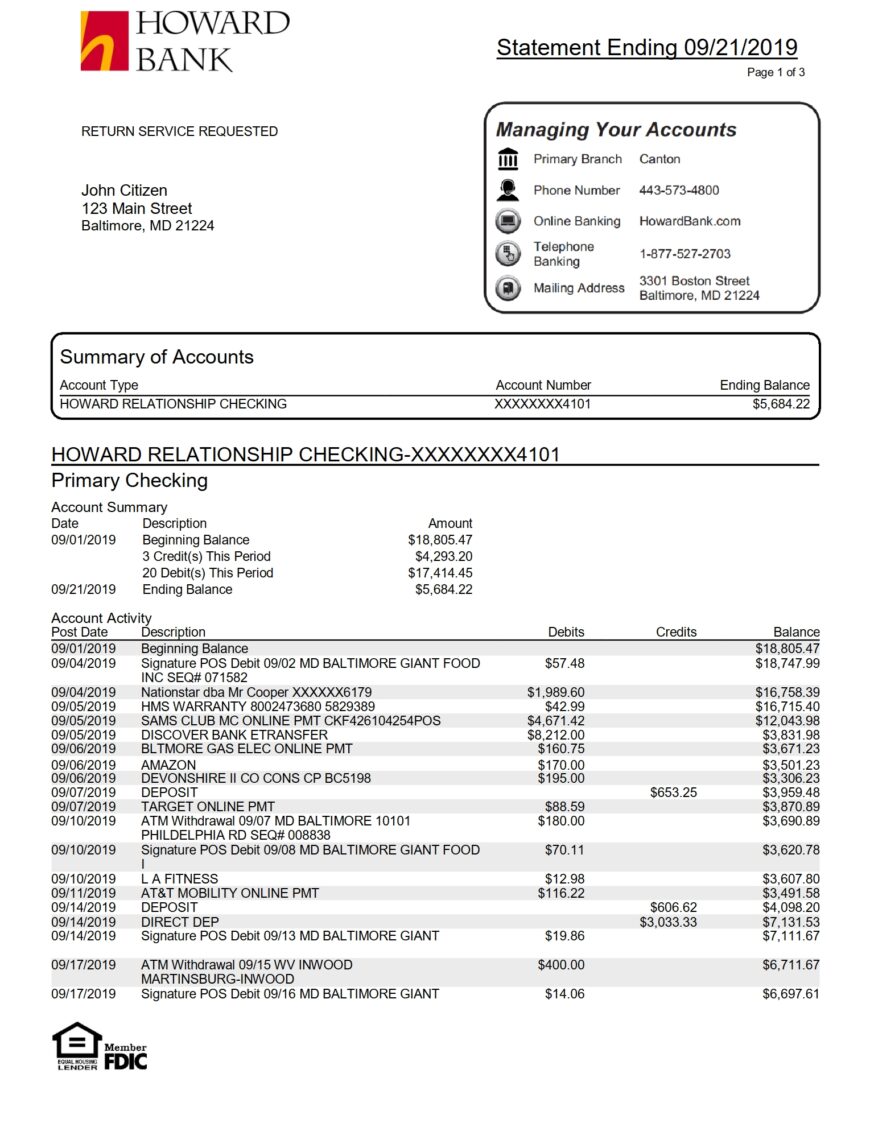 USA Maryland Howard Business Bank Statement Word And PDF Template 4 pages