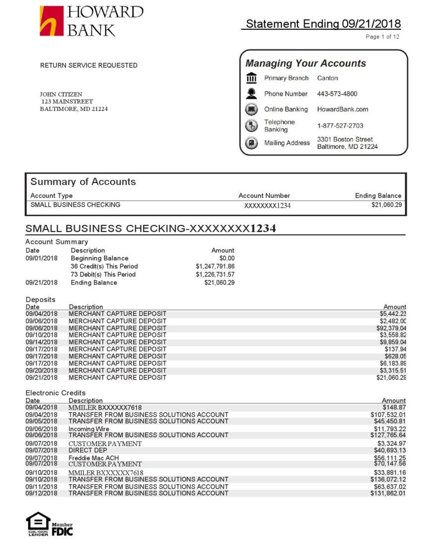USA Maryland Howard Personal Bank Statement Template 4 pages