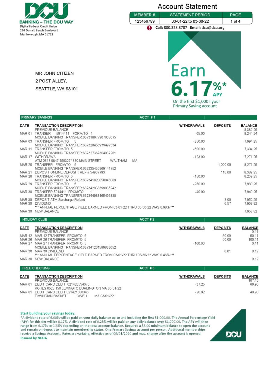USA Massachusetts Digital Federal Credit Union Bank Statement Word And PDF Template 5 pages
