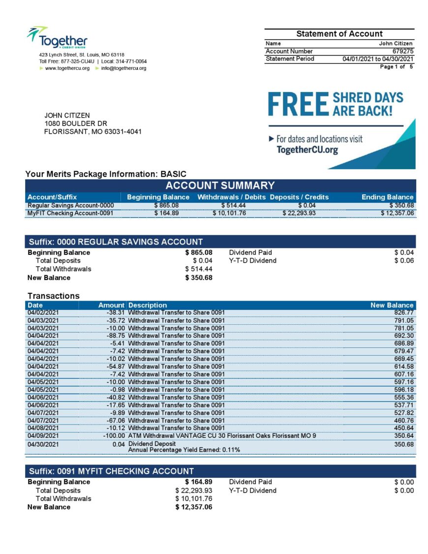 USA Missouri Together Credit Union Bank Statement Word And PDF Template 6 pages