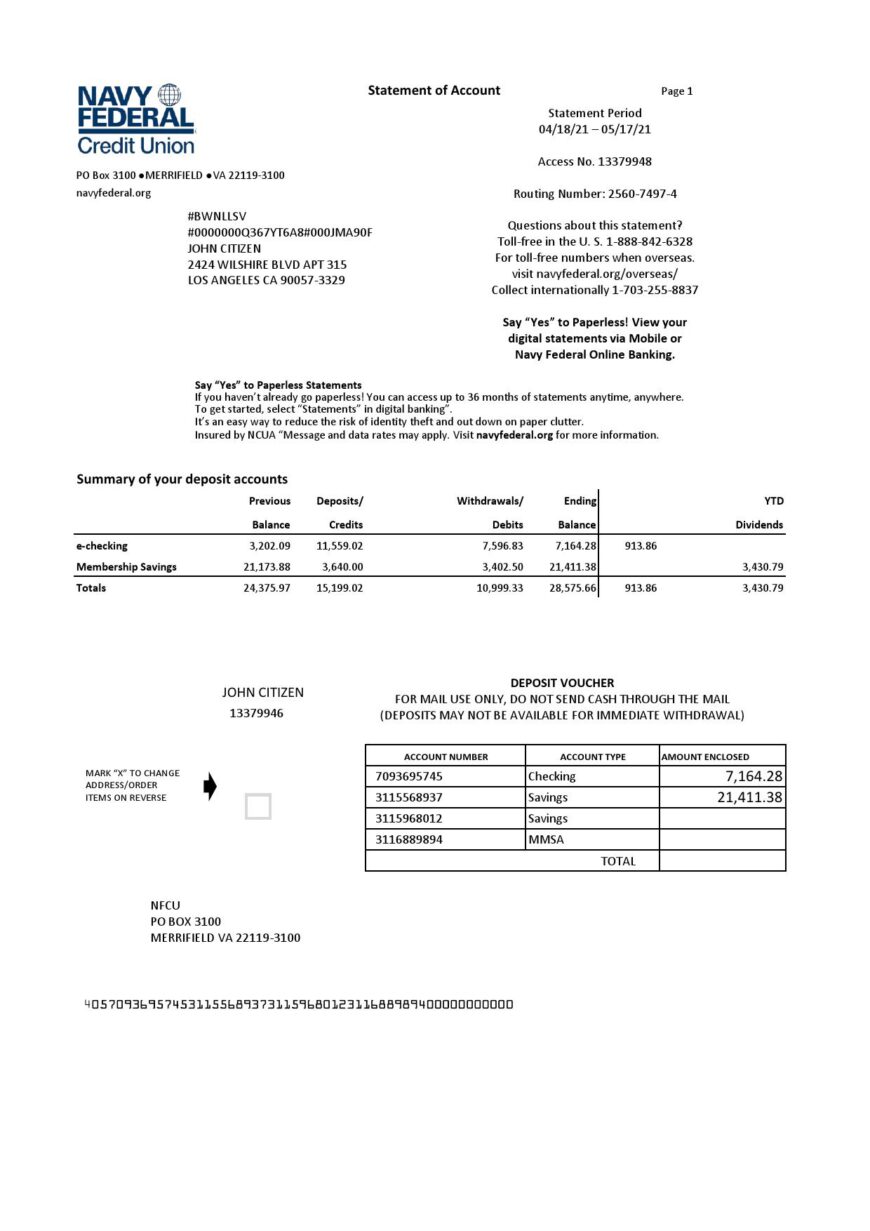 USA Navy Federal Credit Union Bank Statement Excel And PDF Template