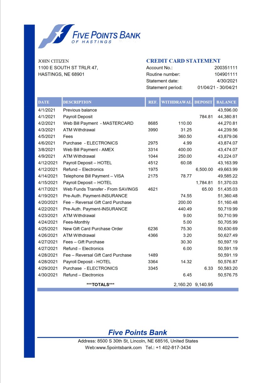 USA Nebraska Five Points Bank Statement Excel and PDF Template