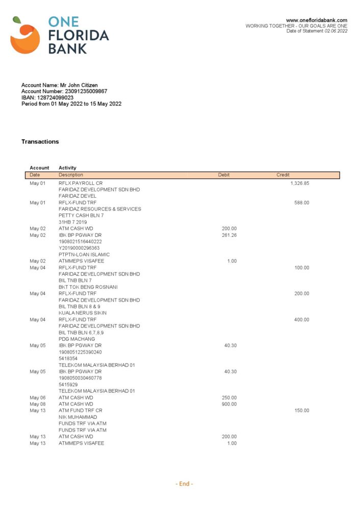 USA One Florida Bank Statement Word And PDF Template
