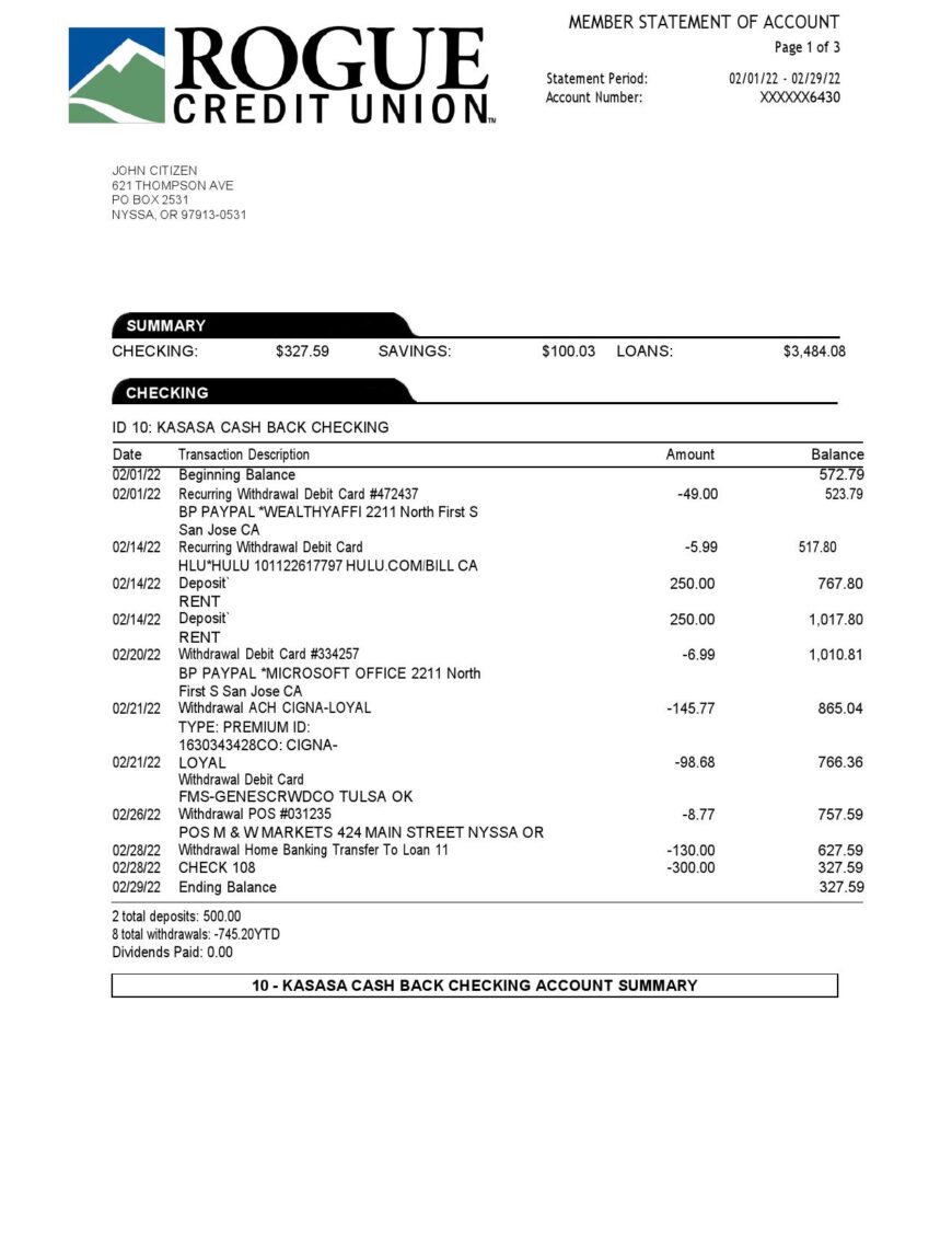 USA Oregon Rogue Bank Statement Word And PDF Template 3 pages