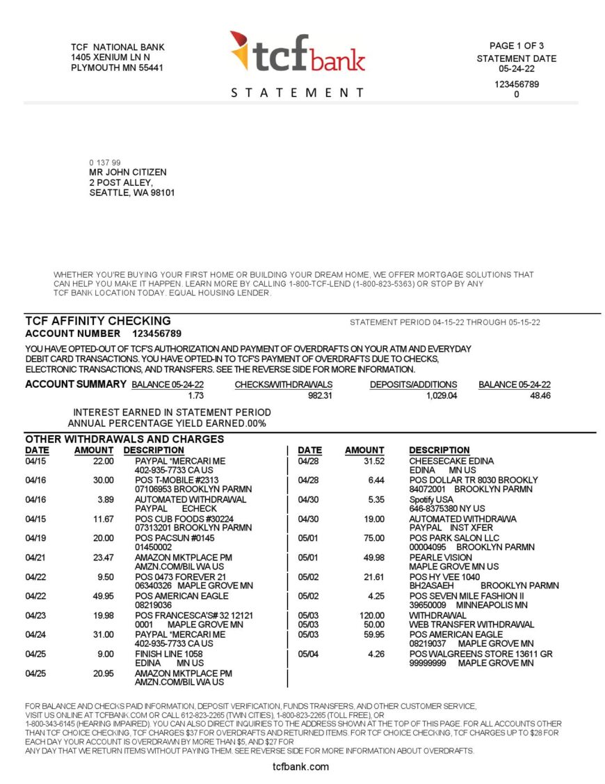 USA TCF Bank Statement Word And PDF Template 3 Pages