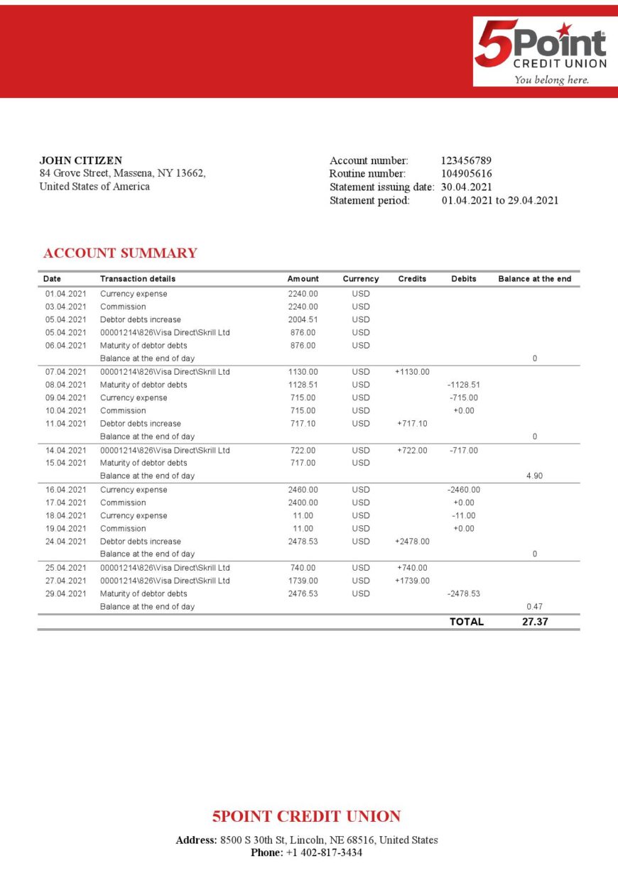 USA Texas 5Point Credit Union Bank Statement Template