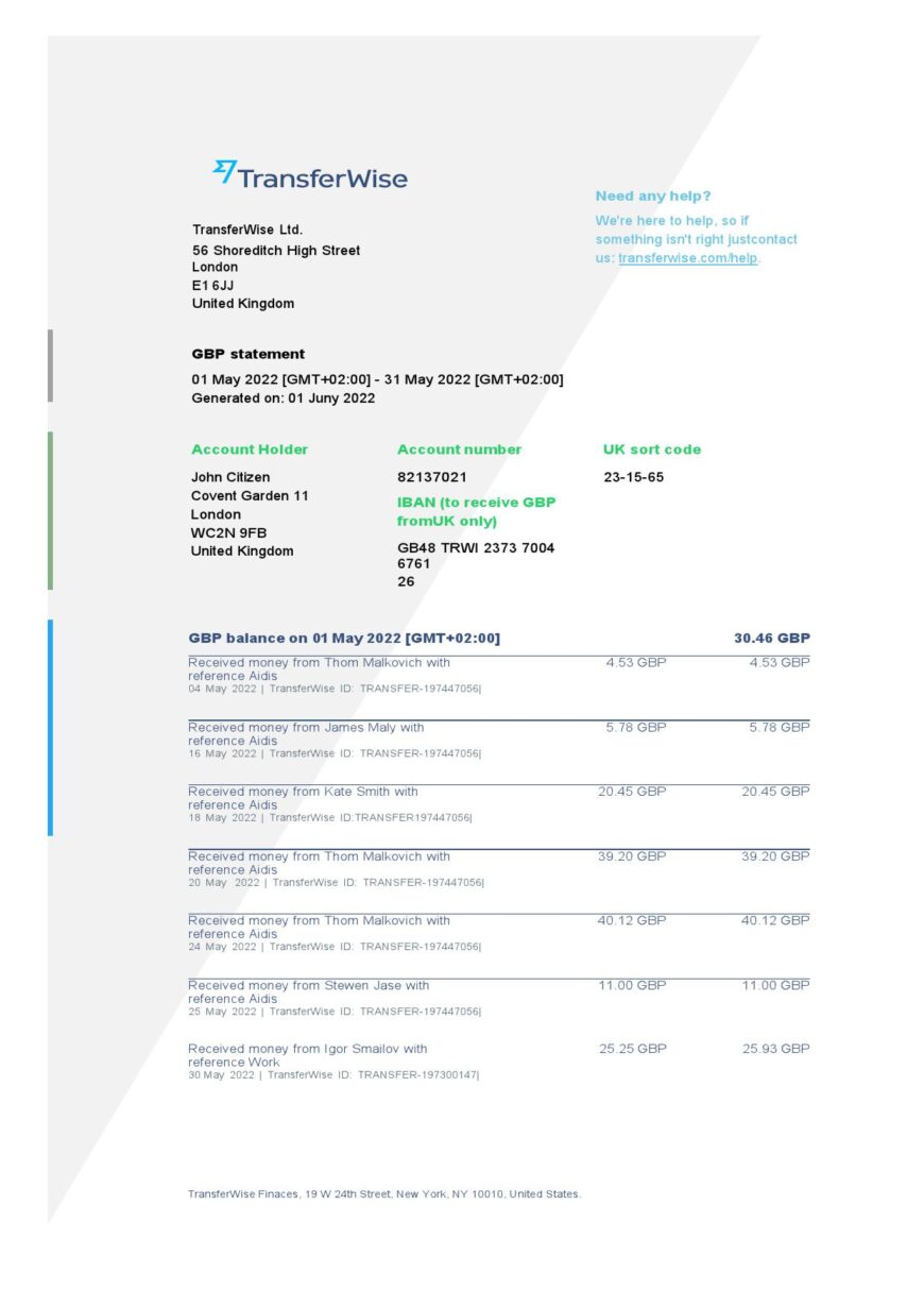 USA TransferWise Finances Statement Word And PDF Template