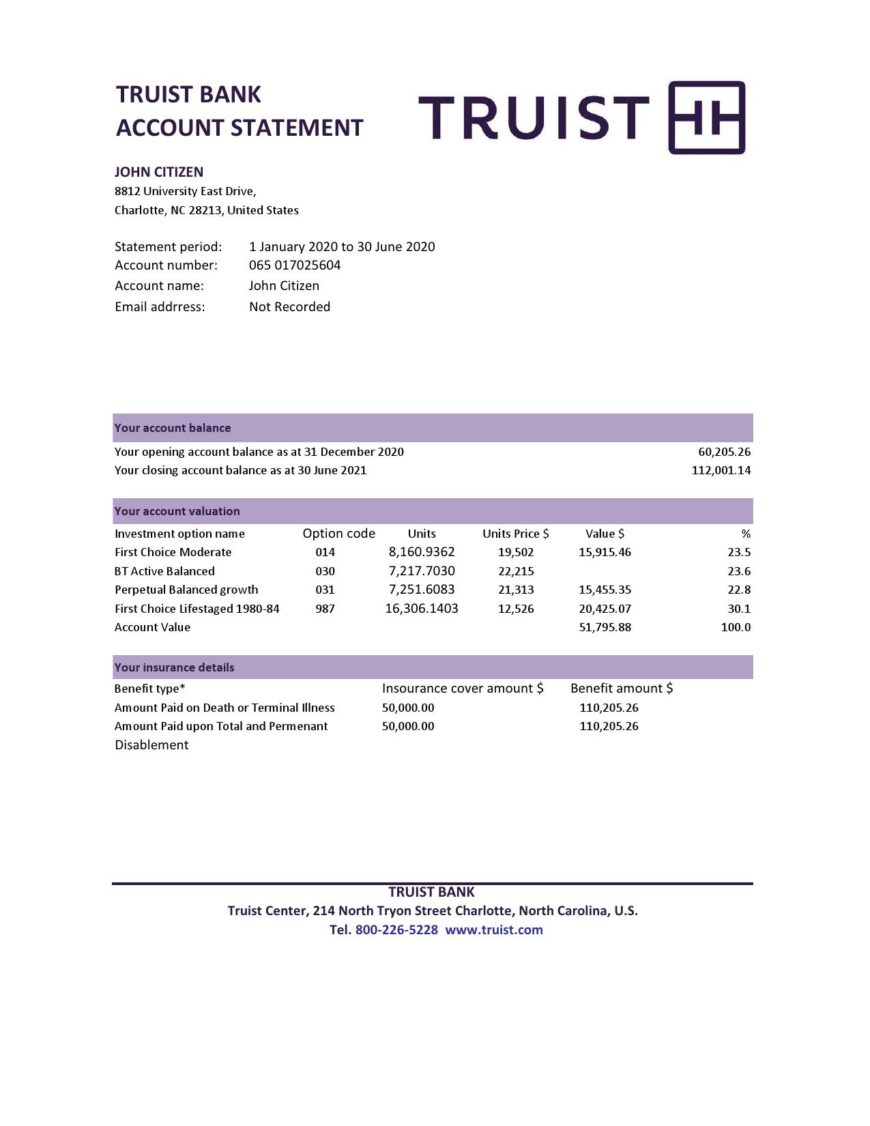 USA Truist Bank Statement Excel And PDF Template