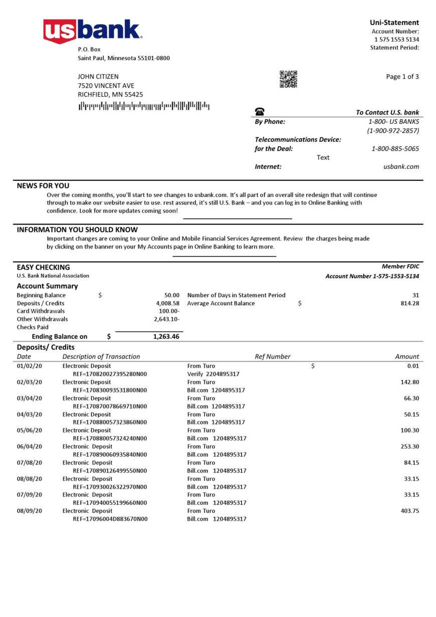 USA U.S. Bank Statement Template 3 pages