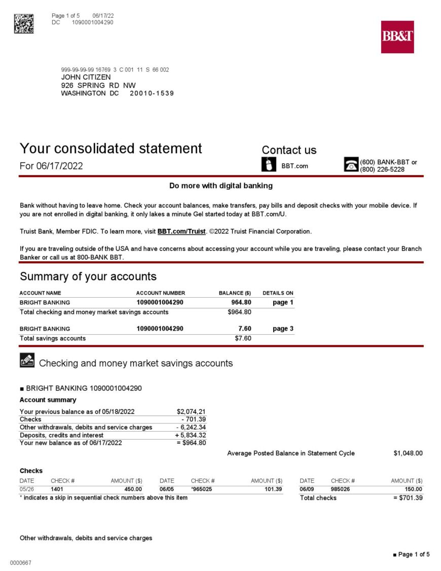 USA Washington BBT Bank Statement Word And PDF Template 5 pages