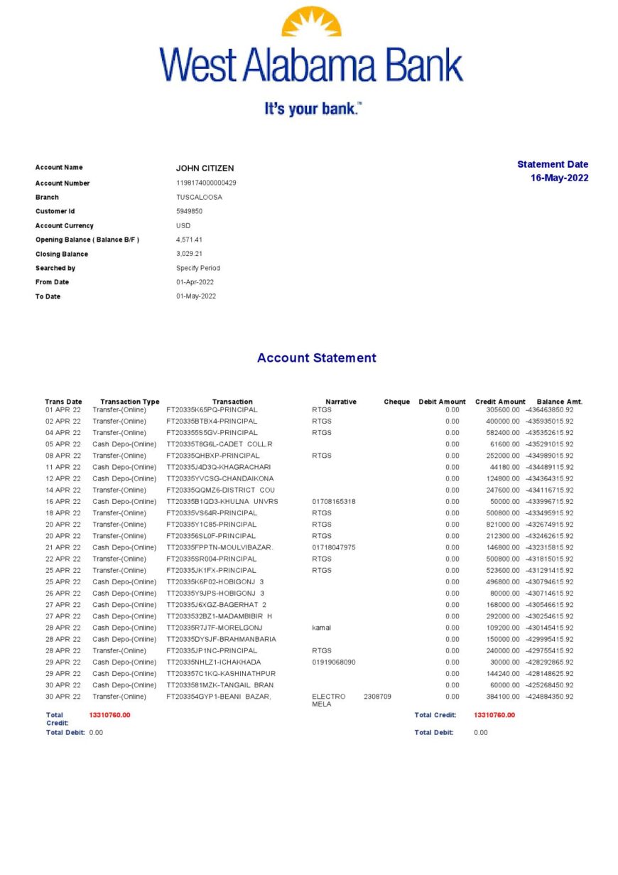 USA West Alabama Bank Statement Word And PDF Template