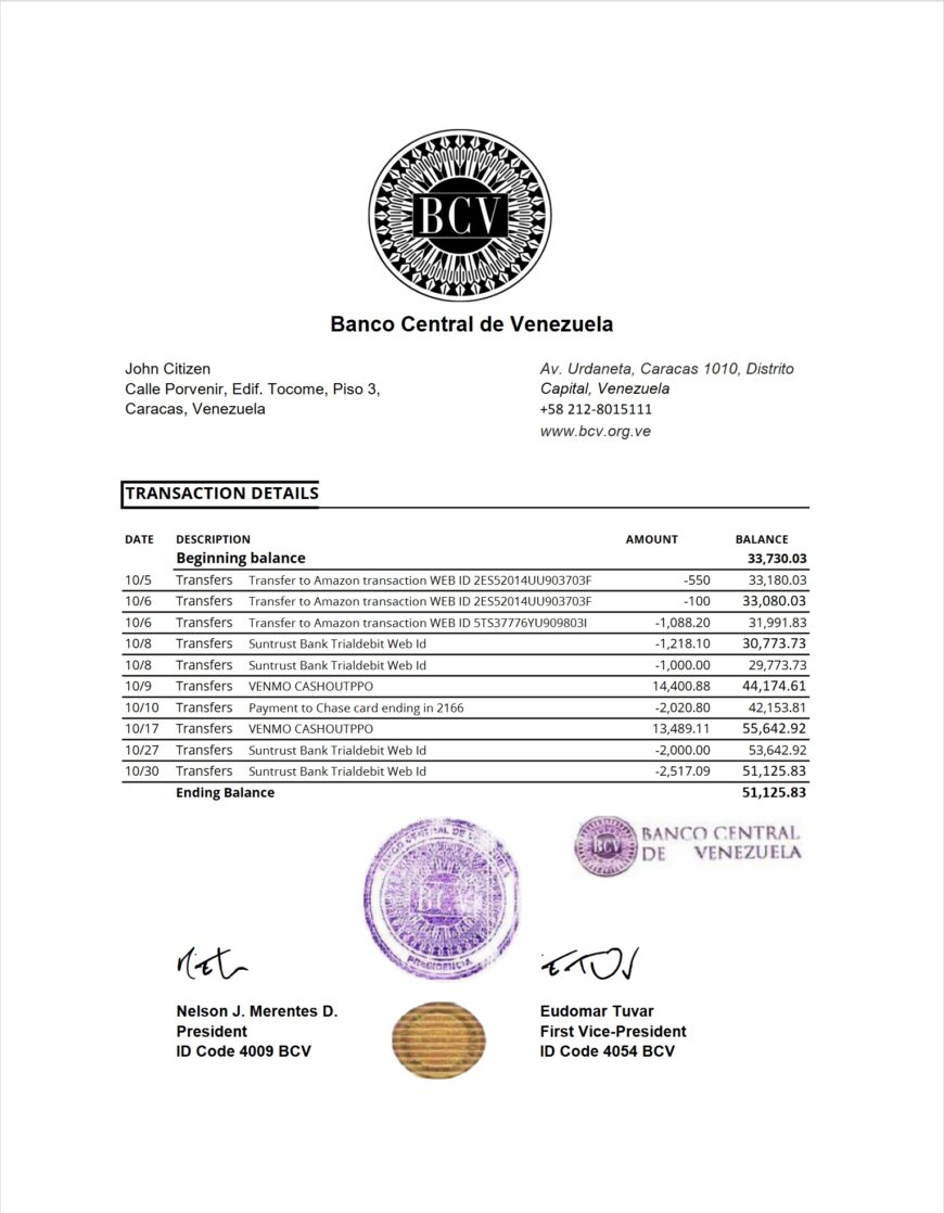 Venezuela Banco Central De Venezuela Bank Statement Excel And PDF Template