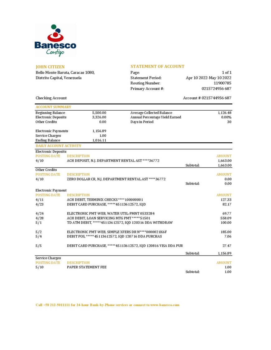 Venezuela Banesco Bank Statement Template 1