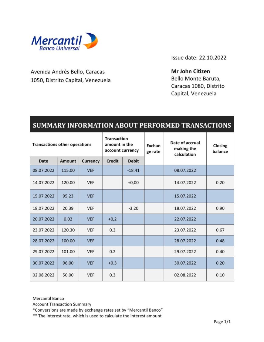 Venezuela Mercantil Bank Statement Template