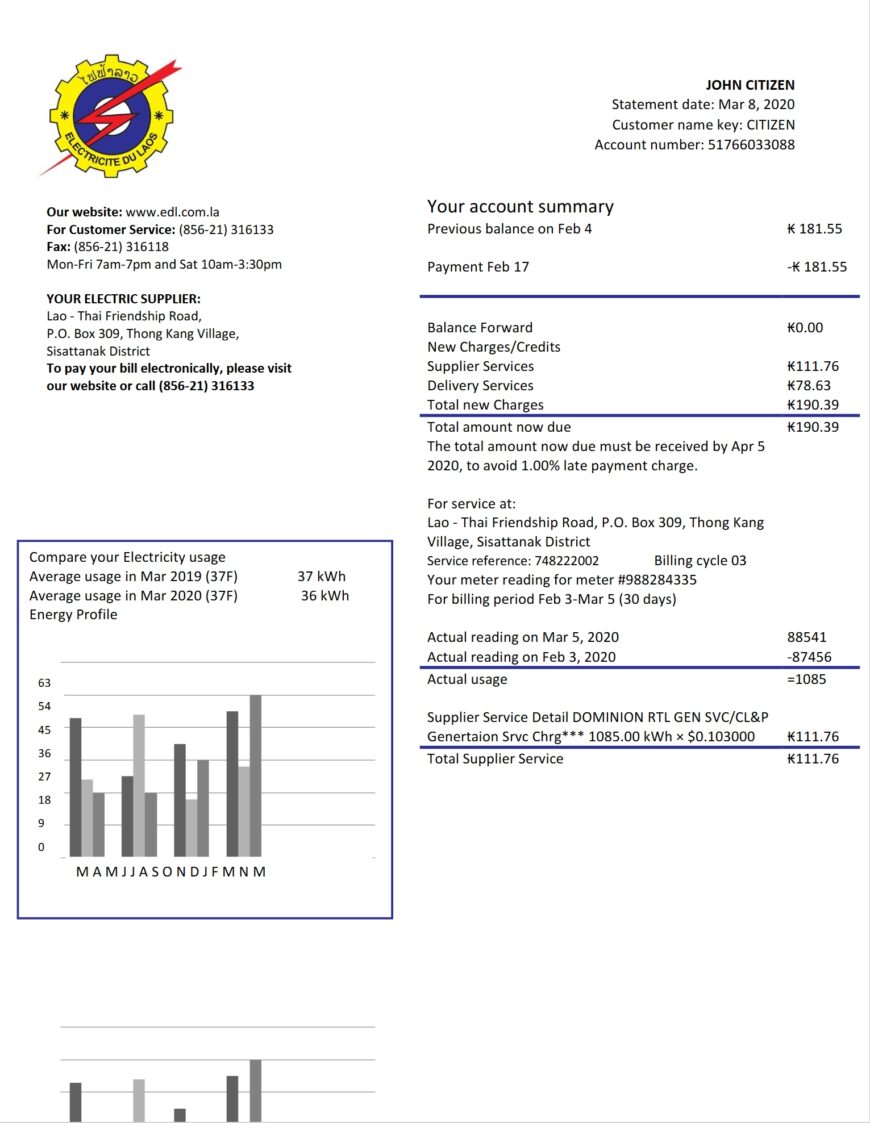 Laos Electricite Du Laos Electricity Utility Bill Template In Word And PDF Format
