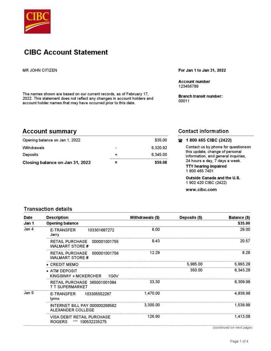 USA CIBC Bank Statement Word And PDF Template 4 pages