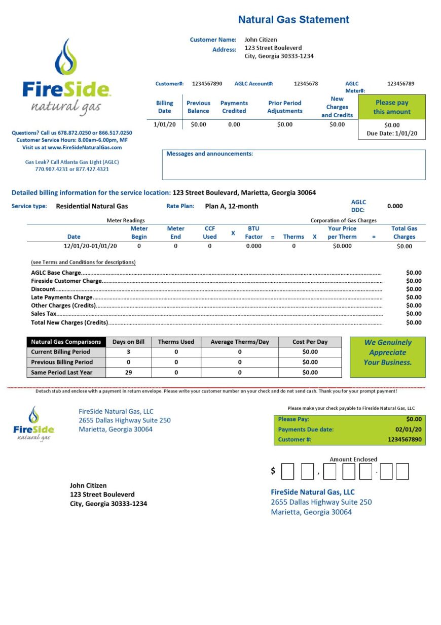 USA California FireSide natural gas utility bill template in Word and PDF format