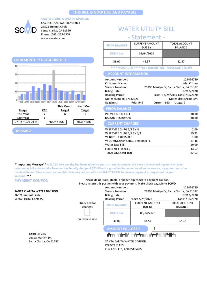 USA California Santa Clarita Water Division SCWD Utility Bill Template