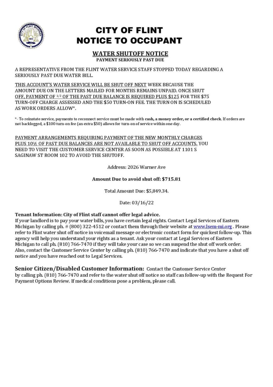 USA City Of Flint Michigan Notice To Occupant Water Utility Bill Shutoff Notice Word And PDF Template