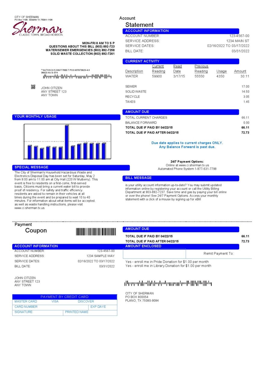 USA City Of Sherman Utility Bill Template In Word And PDF Format