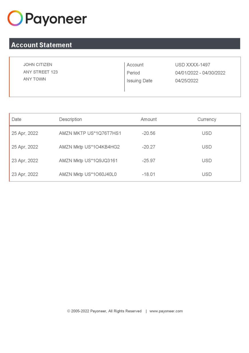 USA Payoneer Account Statement Template